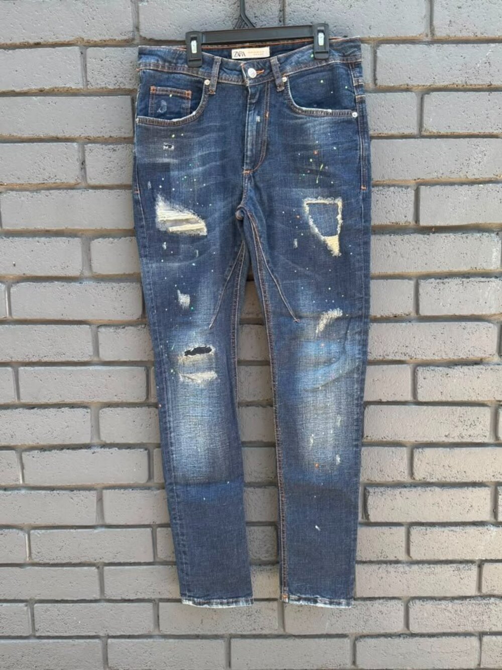 ZARA Men Denim & Urban Ripped Paint Splatter Skinny Stretch Jeans 30 Distressed